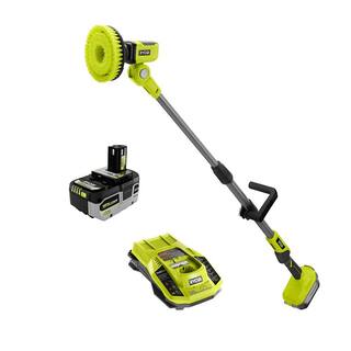 RYOBI ONE+ 18V Cordless Telescoping Power Scrubber with HIGH PERFORMANCE 4.0 Ah Battery and Charger Kit P4500-PSK004