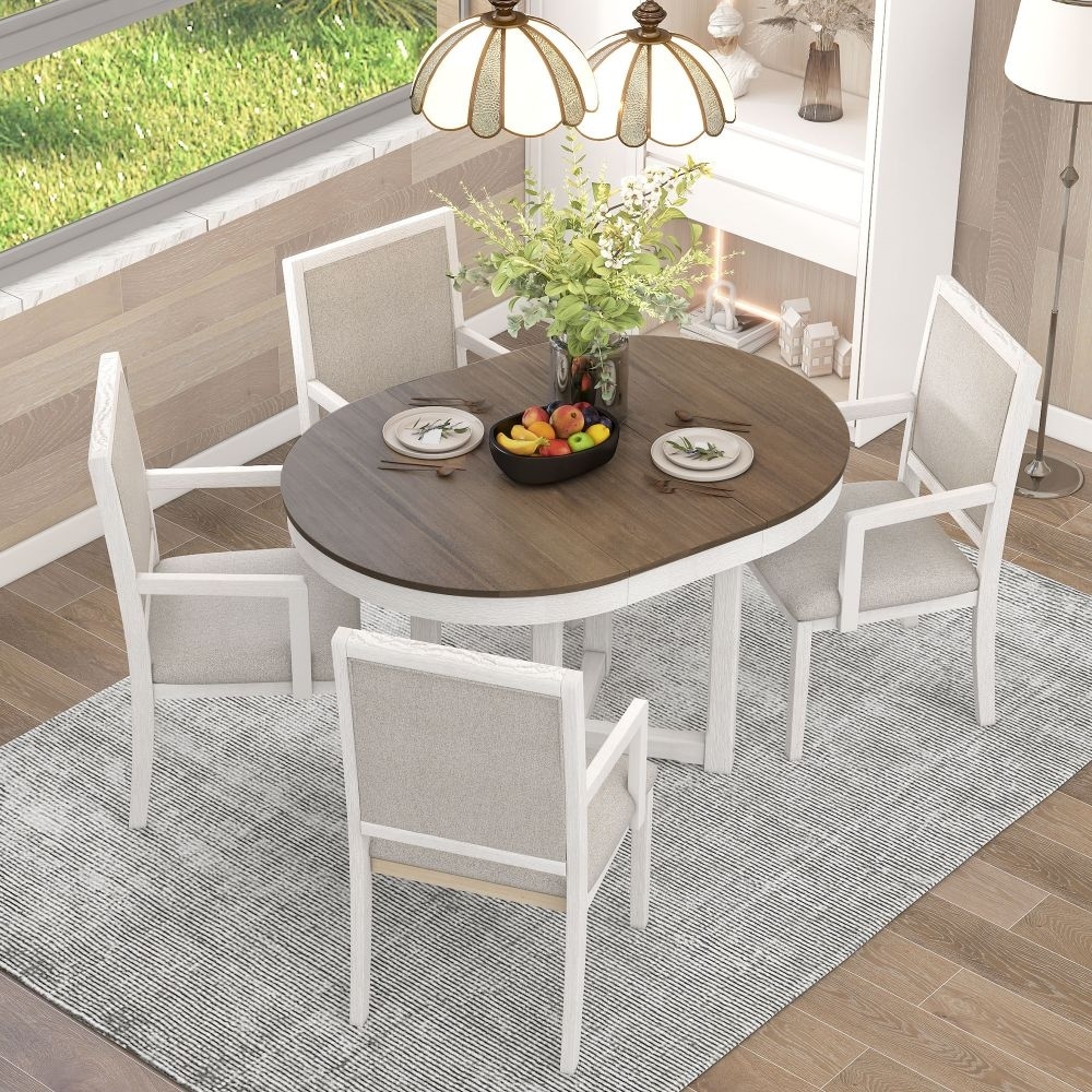 Abrihome 5 Piece Dining Table Set  Two Size Round To Oval Extendable Butterfly Leaf Wood Dining Table