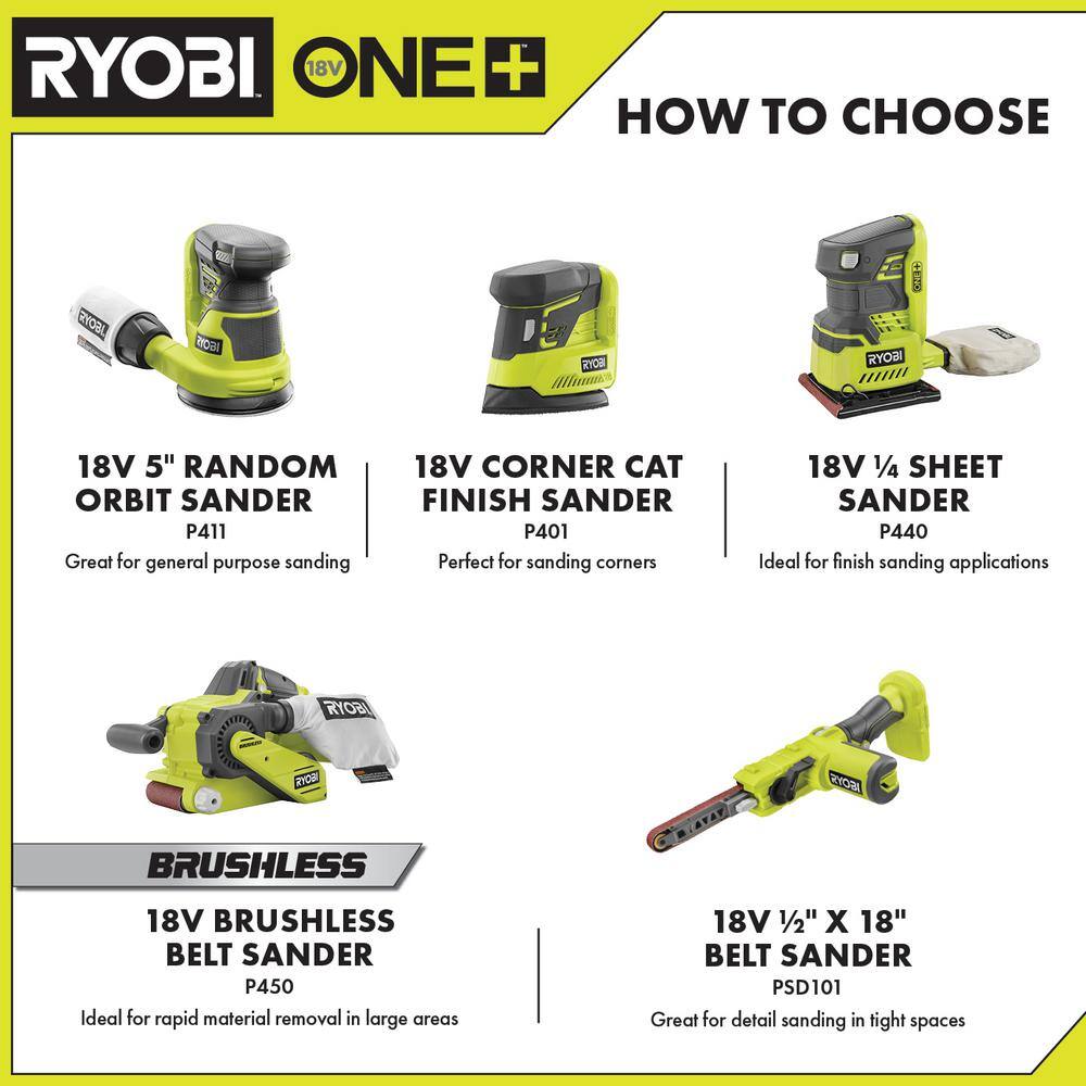 RYOBI ONE+ 18V Brushless Cordless 3 in. x 18 in. Belt Sander with Dust Bag 80-Grit Sanding Belt 2.0 Ah Battery and Charger P450-PSK005