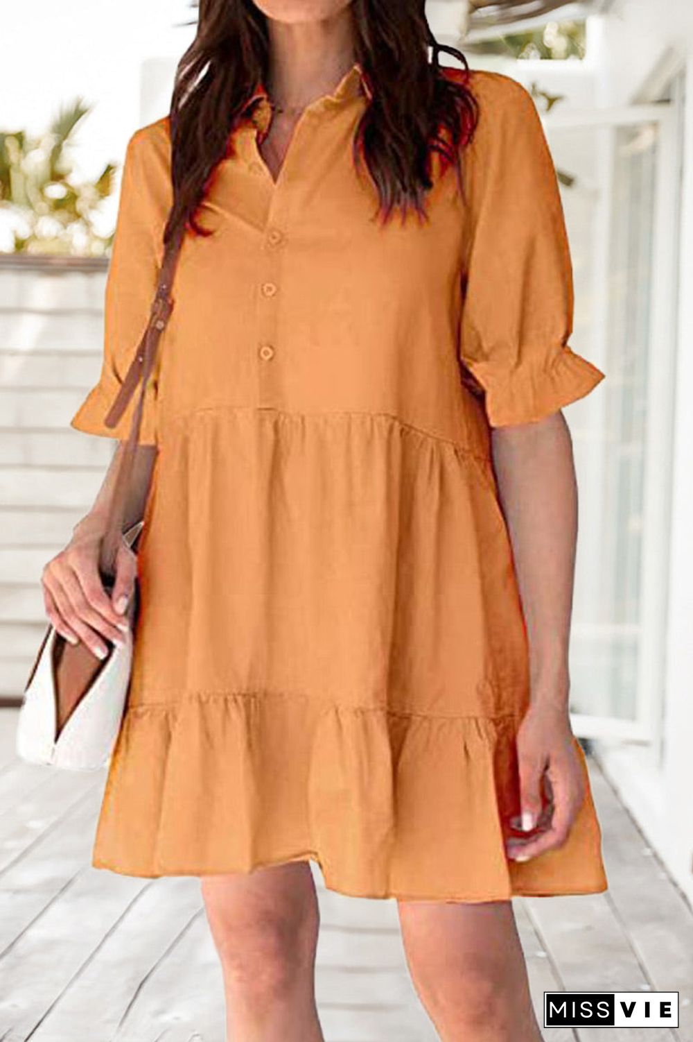 Fashion Casual Solid Split Joint Turndown Collar A Line Dresses