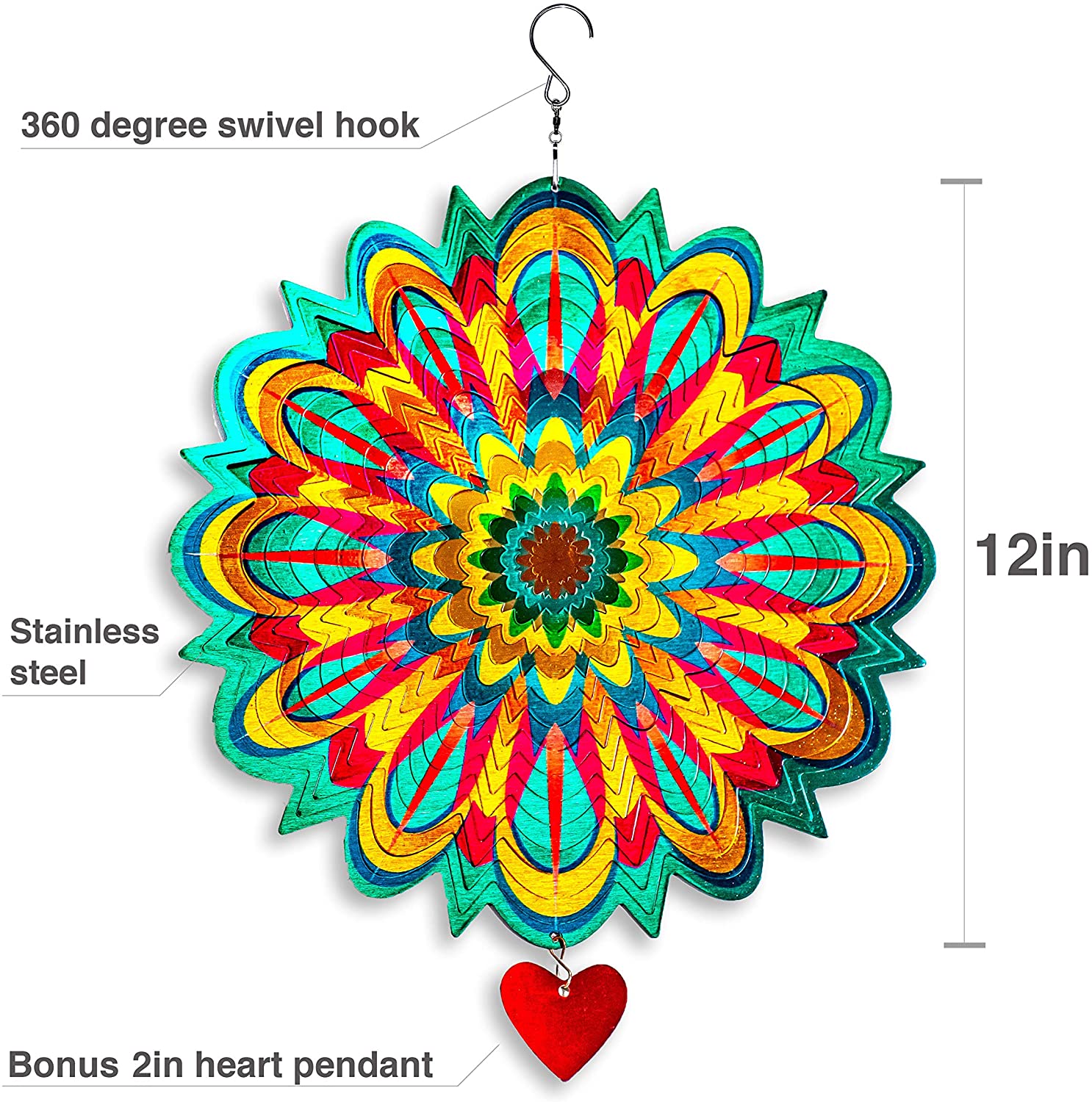 SteadyDoggie Wind Spinner Mandala Flame 12 inches – 3D Stainless Steel – Laser Cut Metal Art Geometric Pattern - Hanging Wind Spinner, Kinetic Yard Art Decorations - Indoor/Outdoor Décor