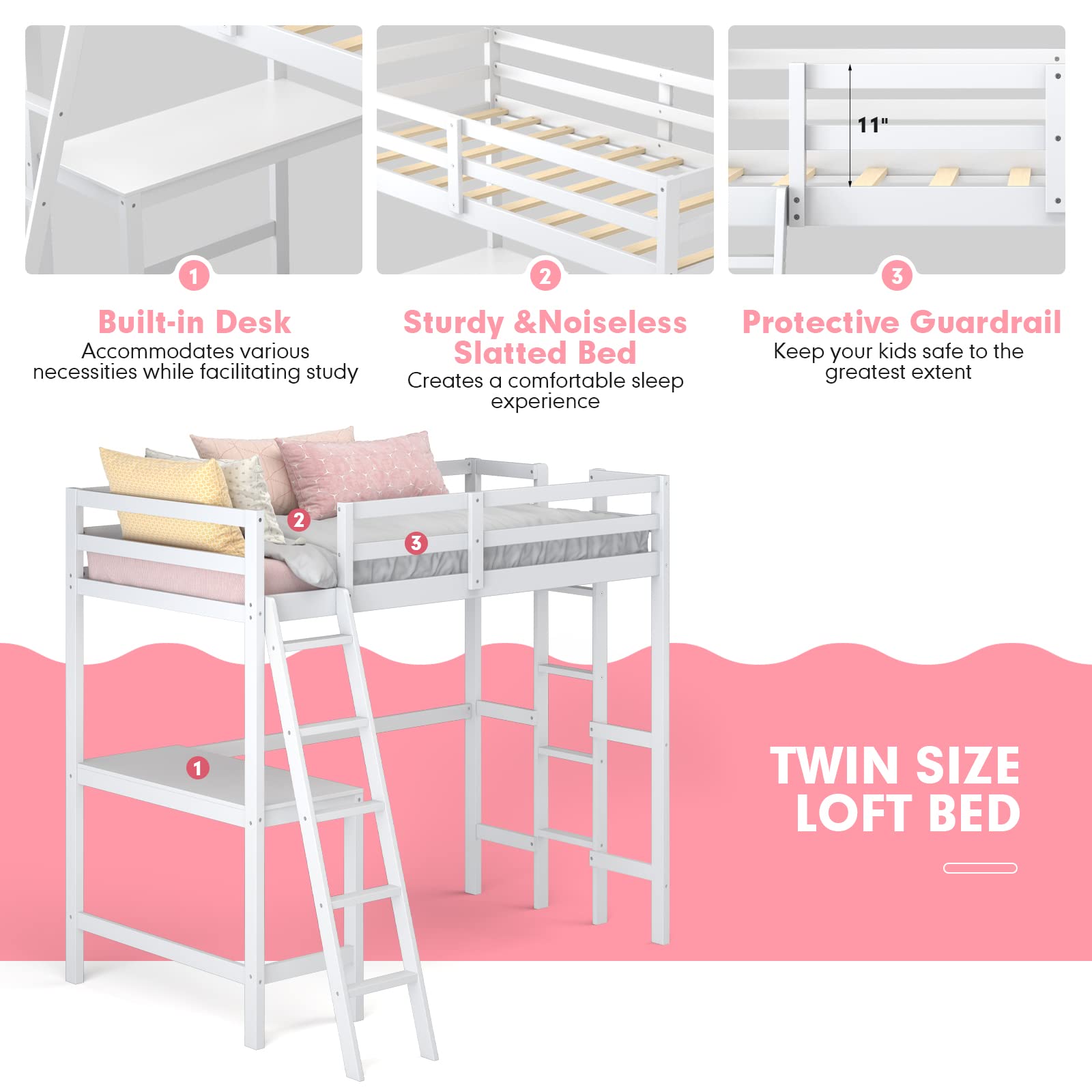 Loft Bed with Desk, Wooden Twin Size Loft Bed