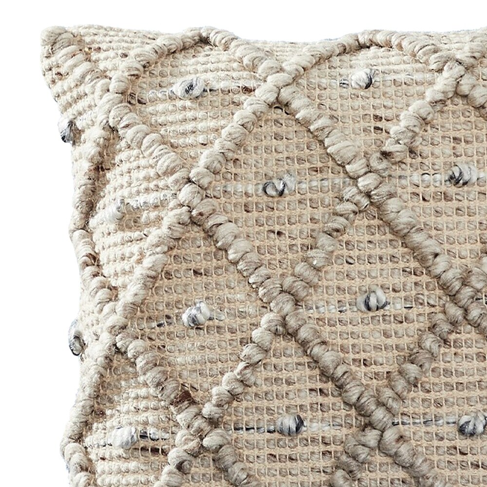 18 Inch Decorative Throw Pillow Cover  Beaded Diamond Design  Beige Fabric