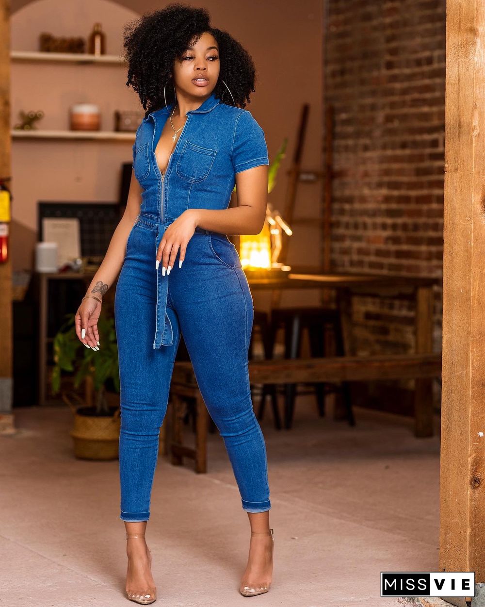 Short Sleeve Lapel Zipper Lace-up Denim Jumpsuit