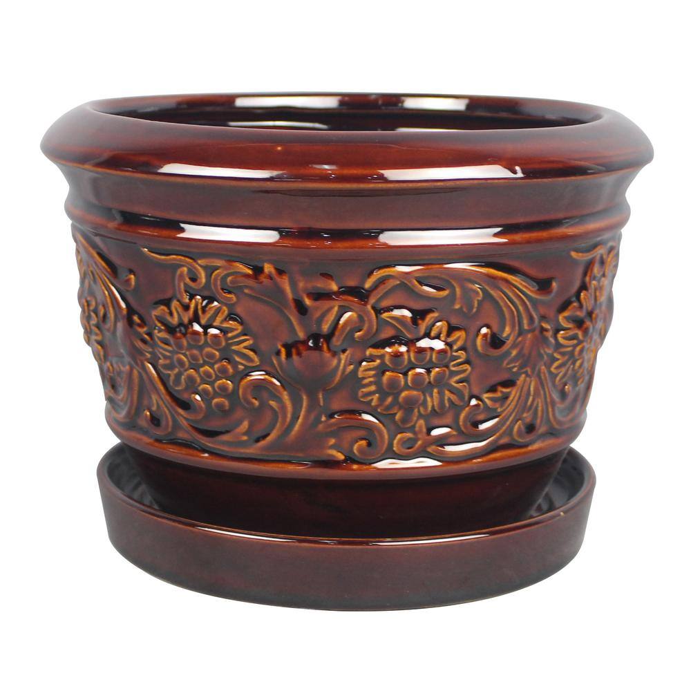 Trendspot 8 in. Dia Brown Rustic Damask Ceramic Planter LJ01008-8