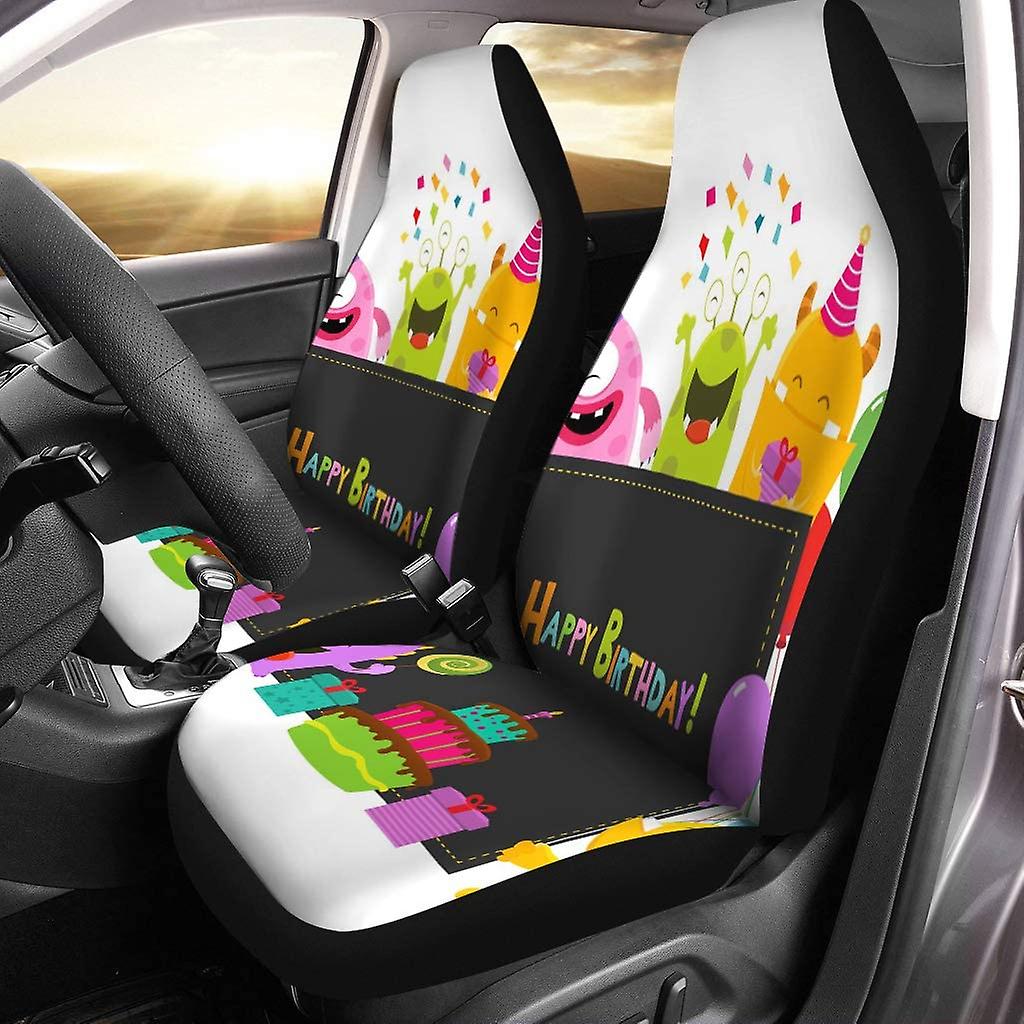 Set Of 2 Car Seat Covers Cute Monsters Birthday Card Universal Auto Front Seats Protector Fits For Car，suv Sedan，truck