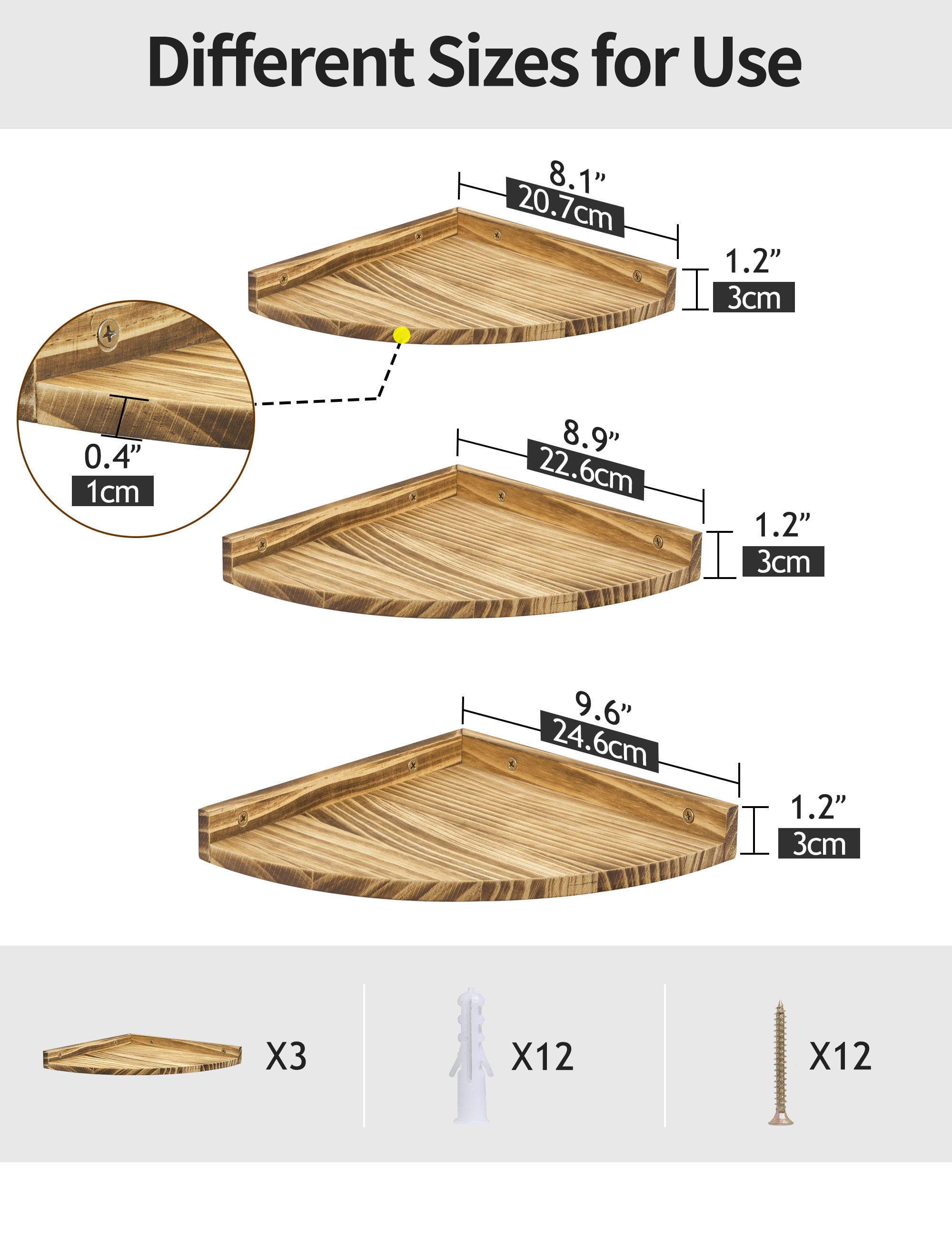 Afuly Floating Corner Shelves for Wall, Rustic Solid Brown Wood Wall Mounted Corner Shelf, 3psc