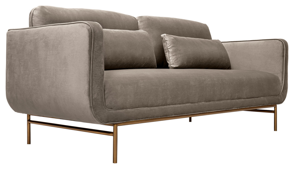 Lilou 77 quotFossil Gray Velvet Sofa with Antique Brass Metal Legs   Modern   Sofas   by Armen Living  Houzz