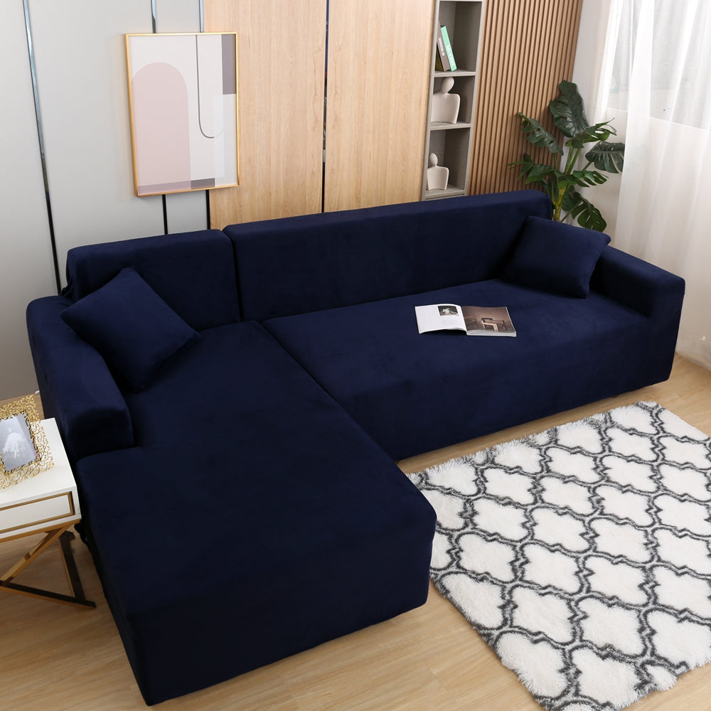 SHANNA Thick Velvet Stretch 2 Pieces L-Shaped Sofa Covers Anti-Slip Sectional Sofa Slipcovers 3 Seats+3 Seats Corner Couch Cover (Blue)