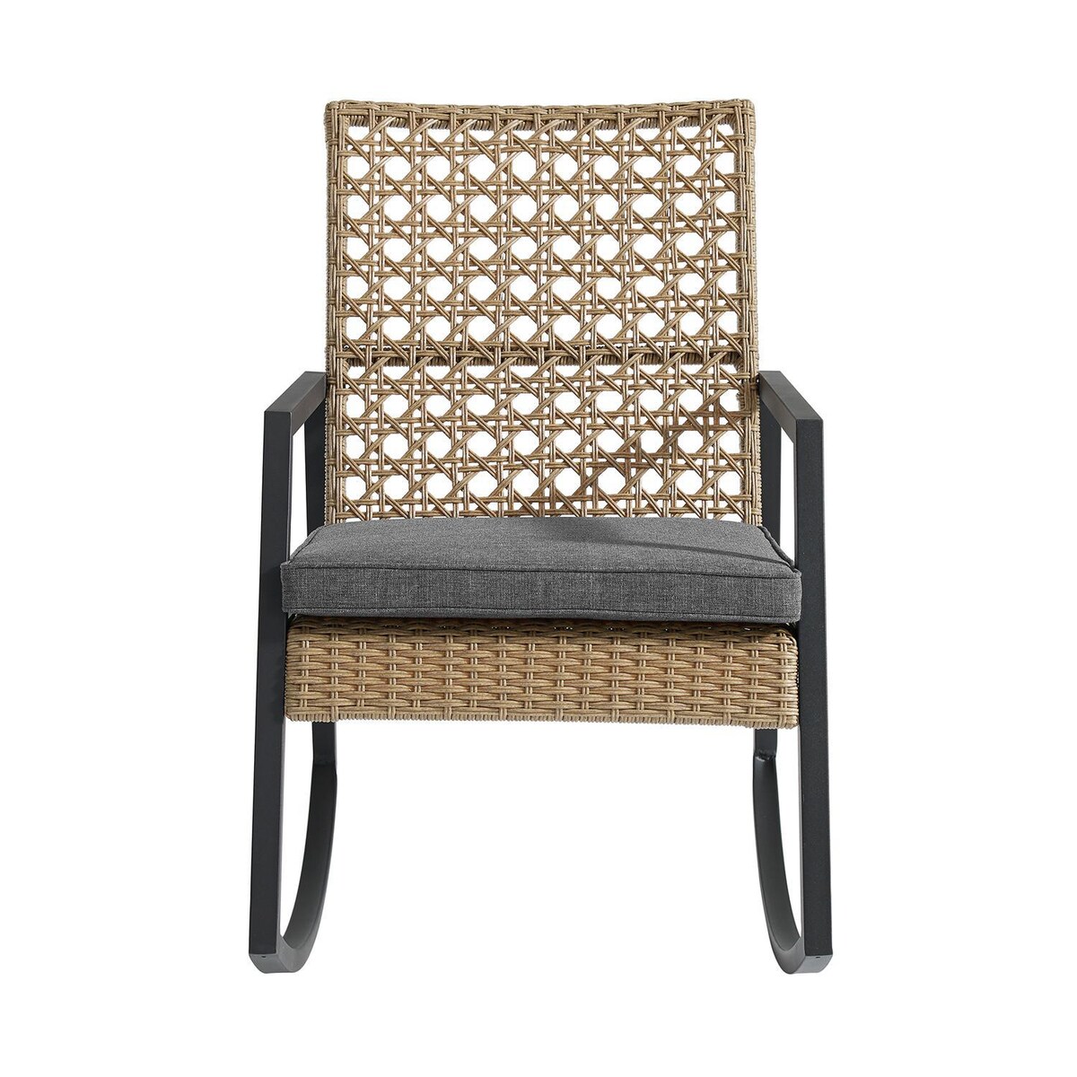 Ultimate Patio Pointebell Rattan and Steel Patio Rocking Chair W/ Gray Cushion