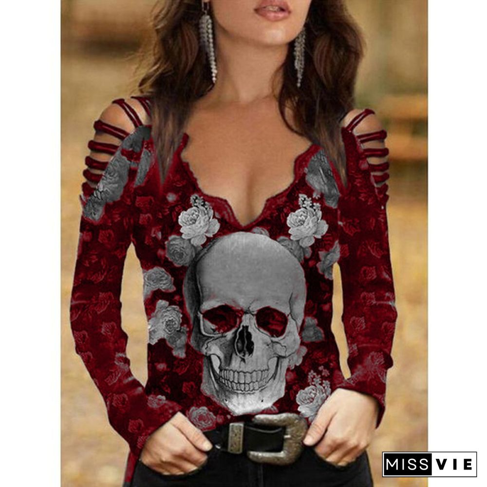 Fashion Women's V-neck Skull & Flower Print T-shirt Gothic Hollow Long Sleeve Tops Plus Size XS-5XL