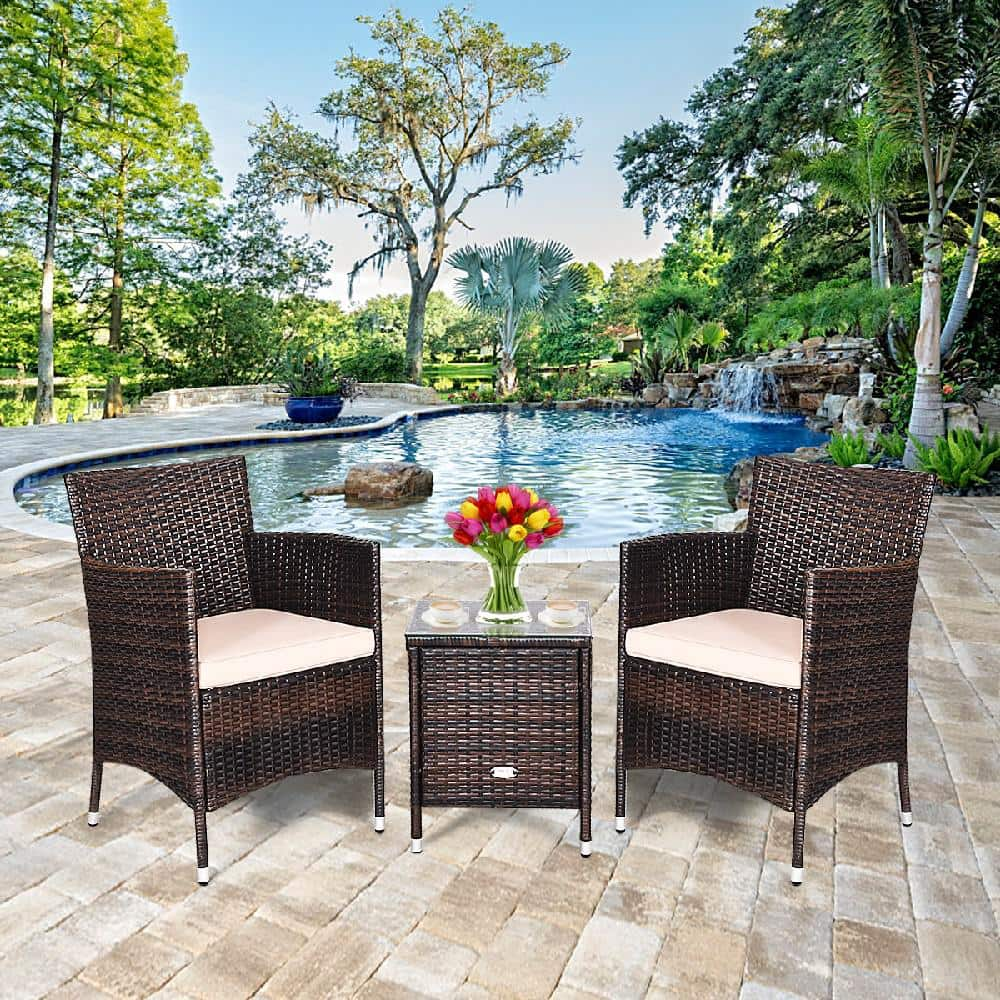 Costway 3-Piece PE Rattan Wicker Patio Conversation Set Outdoor Chairs and Coffee Table with Yellowish Cushion HW63850BN