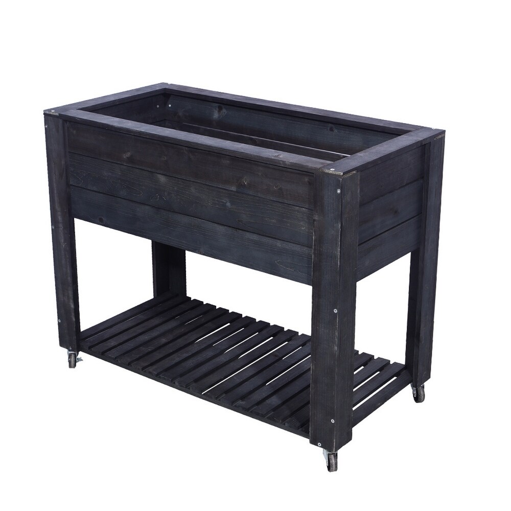 40 in x 32 in x 20 in Grey WoodenElevated Planter with Shelf and Wheel   40x32x20