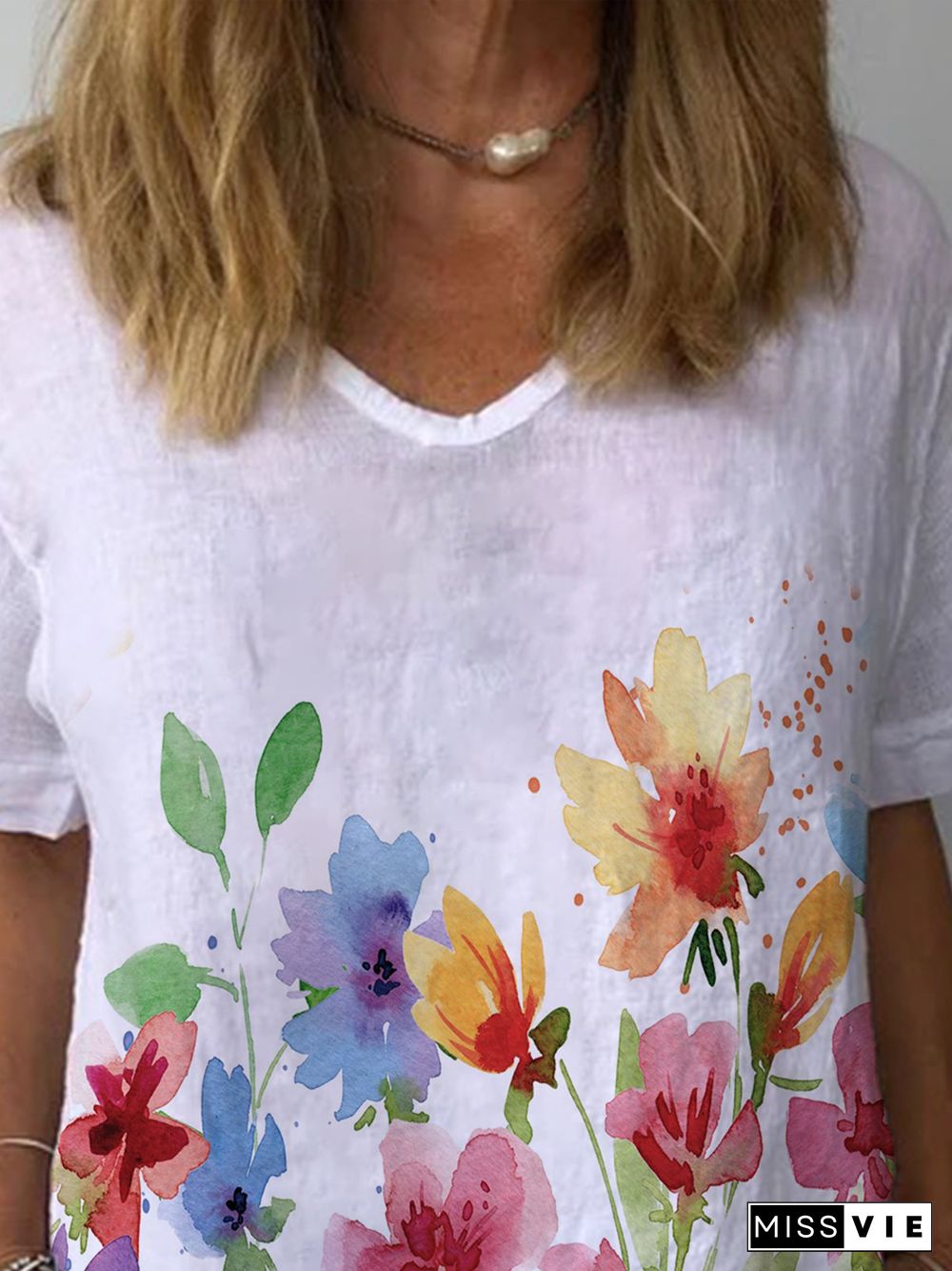 Floral Short Sleeve V Neck Plus Size Casual Tops