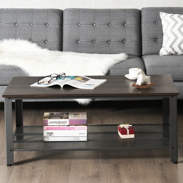 Gymax Coffee Table Console Table with Storage Shelf and Metal Frame