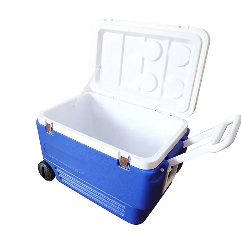 Factory Customized Logo Camping Bule 60L Plastic Trolley Cooler Box Outside Insulated Ice Chest Cooler Box with Wheels