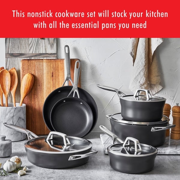 ZWILLING Motion Nonstick Hard-Anodized 10-Piece Cookware Set in Grey， Dutch Oven， Fry pan， Saucepan - 10-pc