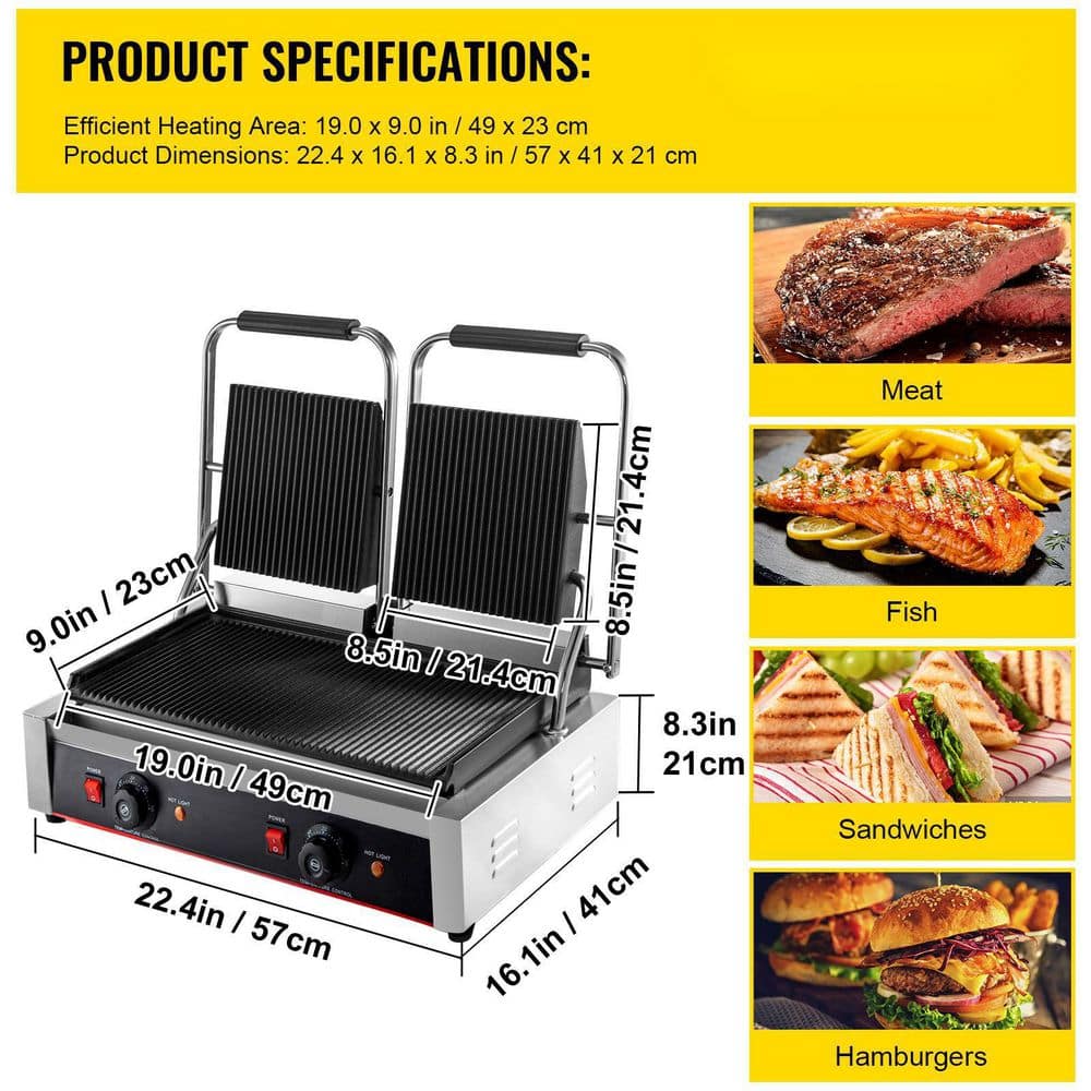 VEVOR Commercial Sandwich Panini Press 3600-Watt Non-Stick Surface Commercial Panini Grill Double Grooved Plates, Silver DPLDYBPLLD-813001V1