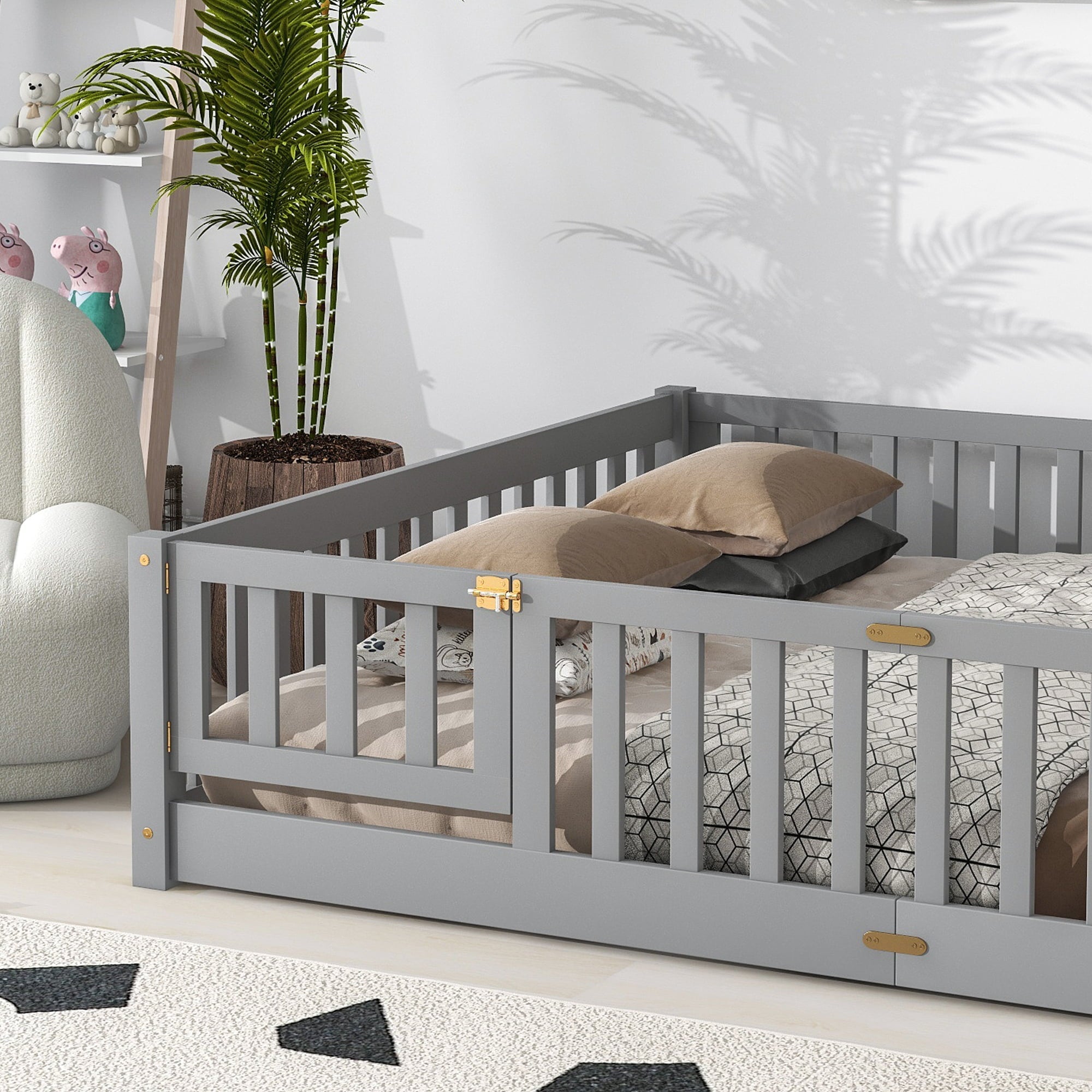 uhomepro Queen Size Wood Floor Bed Frame with Fence and Door for Kids, Toddlers, Gray