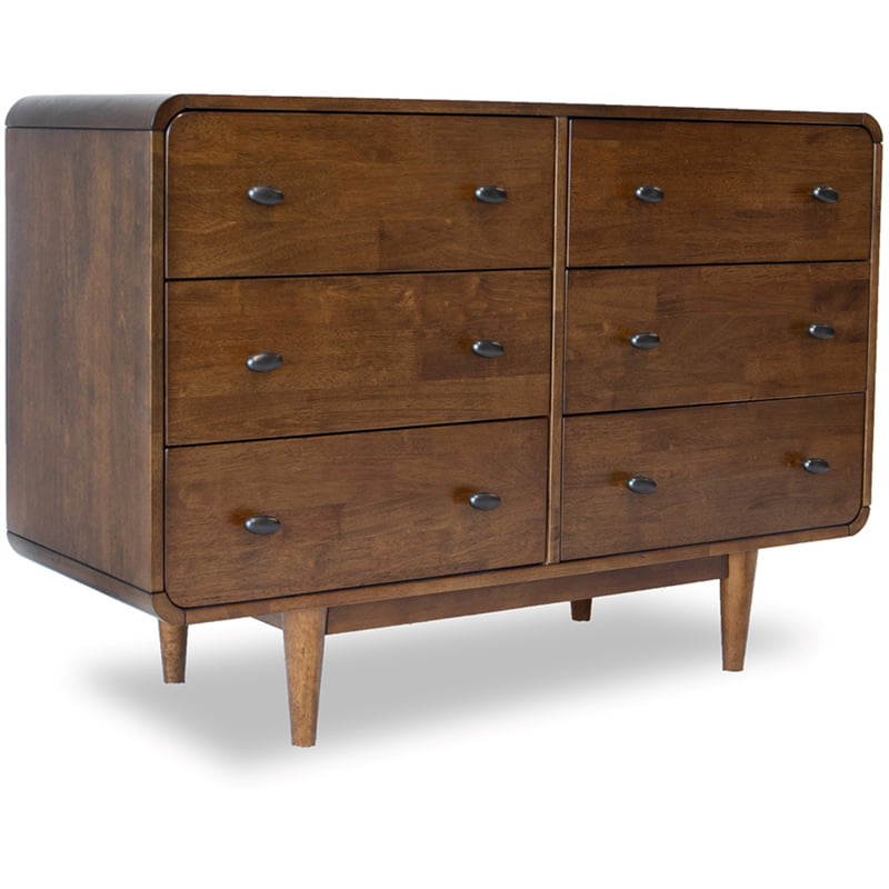 Pemberly Row Mid-Century 6-Drawer Double-Dresser Solid Wood in Brown