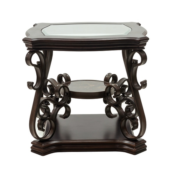 End table， Glass table top， MDF W/marble paper middle shelf， powder coat finish metal legs.