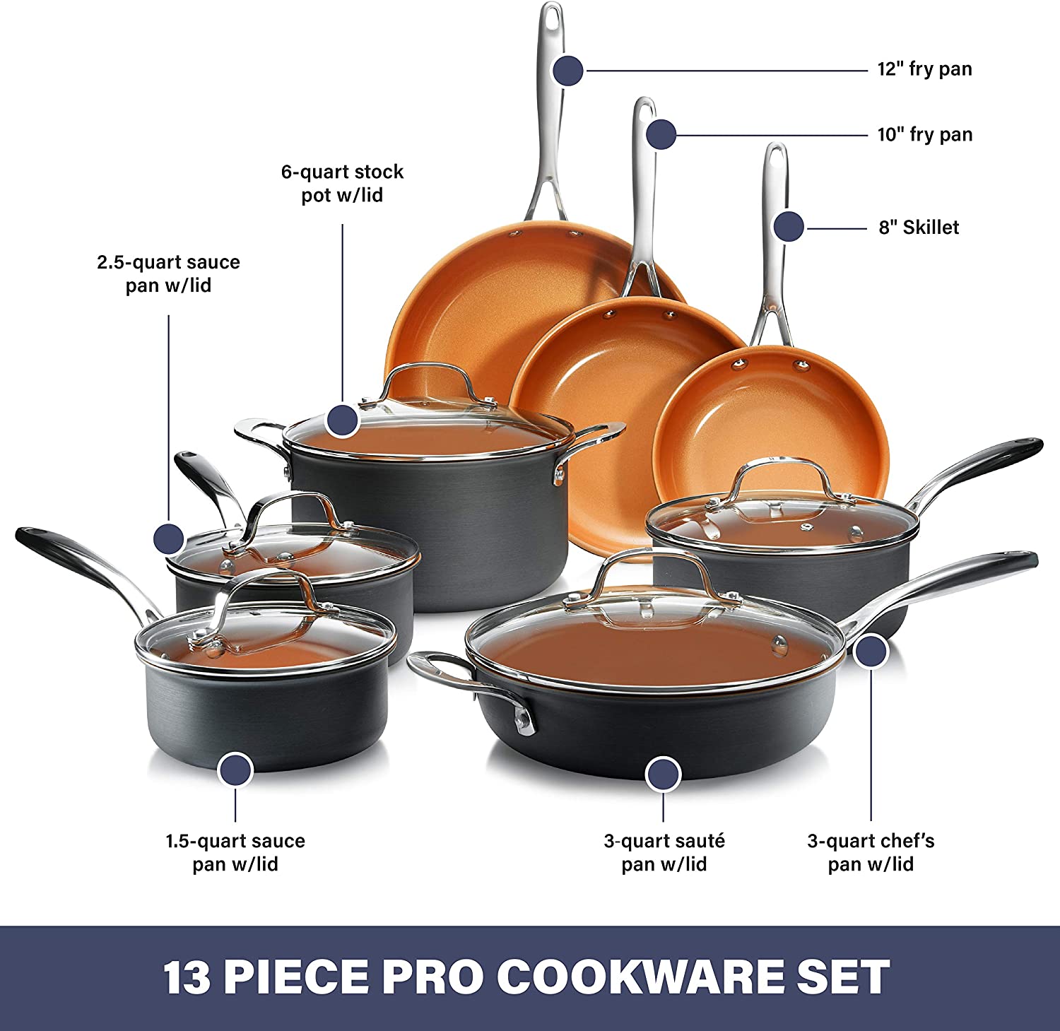 Gotham Steel Pro Pots and Pans Set Nonstick 13 Piece Hard Anodized Kitchen Cookware Sets with Nonstick Ceramic Cookware Set， Oven， Dishwasher Safe Metal Utensil Safe Non Stick Frying Pan Set， Nonstick