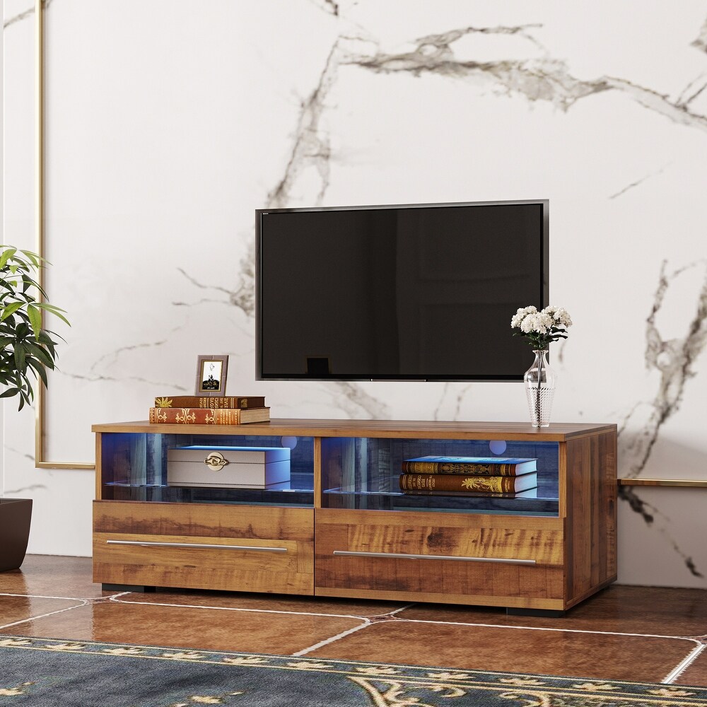 TV Console with 16 Color LED Remote Control Lights Media Console Entertainment Center with 2 Drawers   2 Open Shelves  Walnut