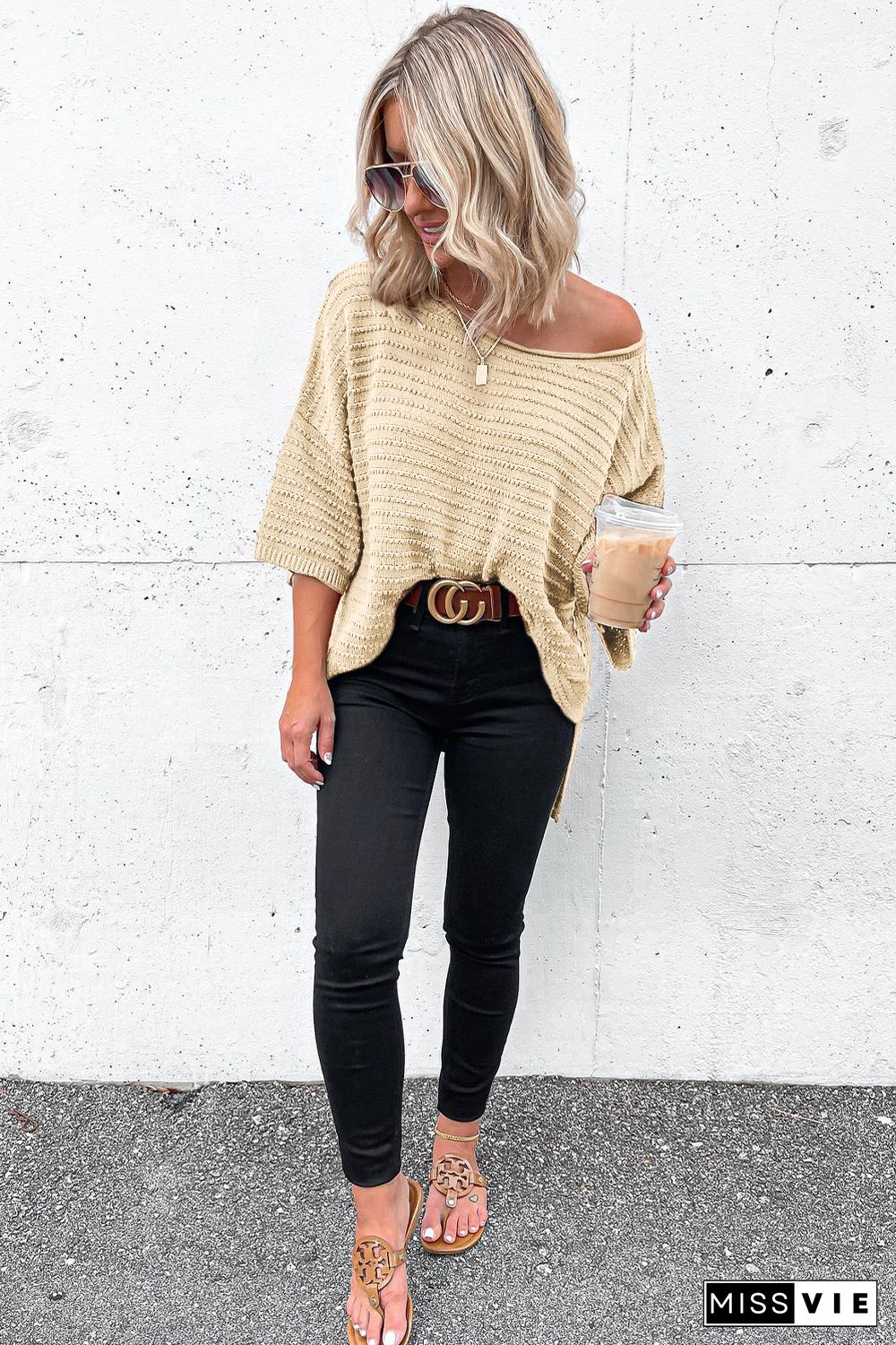 Apricot Textured Knit Drop Shoulder Tee