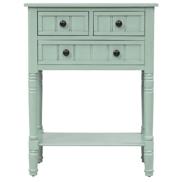 Narrow Console Table with 3 Storage Drawers and Black Round Deco Knobs， Slim Sofa Table with Bottom Shelf， Antique Blue