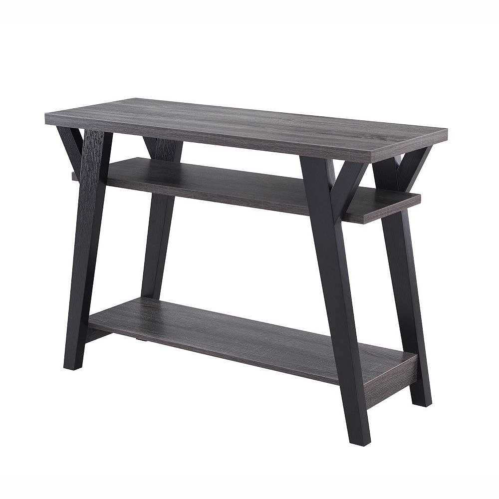 FC Design Two-Toned 42W Console Table with Two-Tier Shelf in Distressed Grey and Black Finish