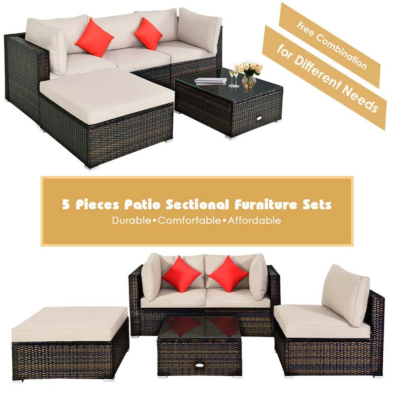 5 Pcs Outdoor Patio Rattan Furniture Sectional Sofa Set Wicker Conversation Set with Cushions