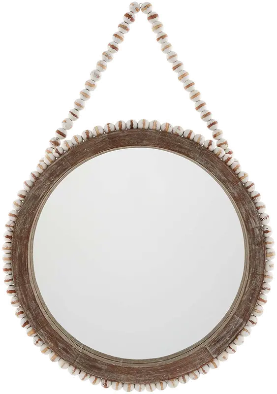 Brown and White Washed Beaded Mango Wood Wall Mirror