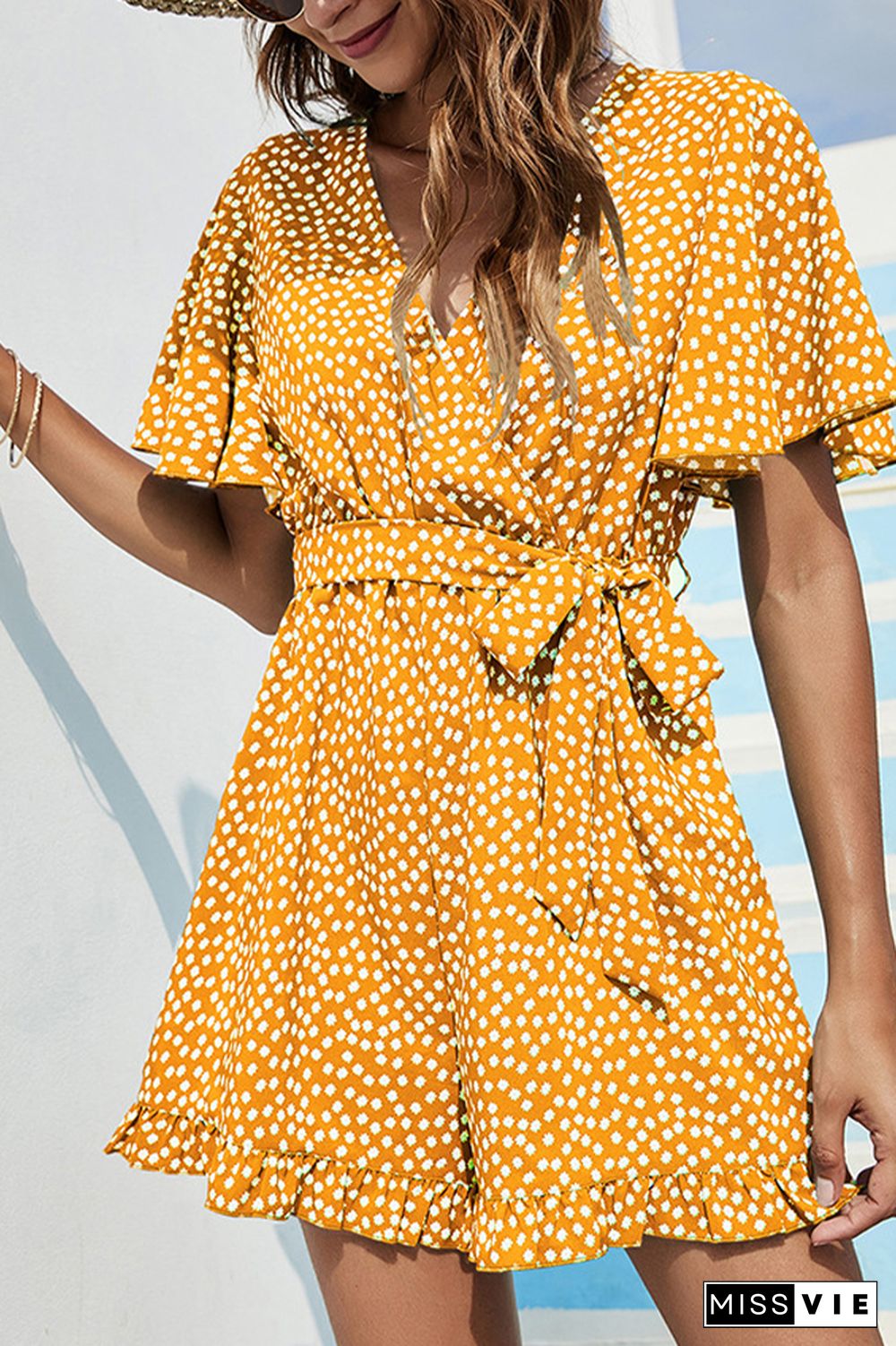 Polka Dot V Neck Waist Tie Ruffle Romper