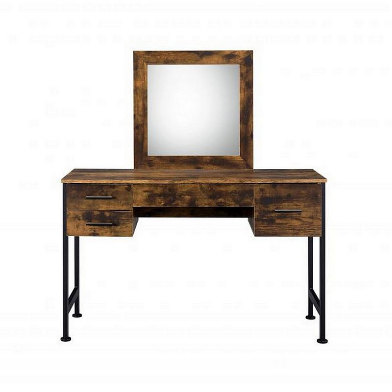 Vanity Desk with 4 Drawers and Square Mirror， Brown and Black