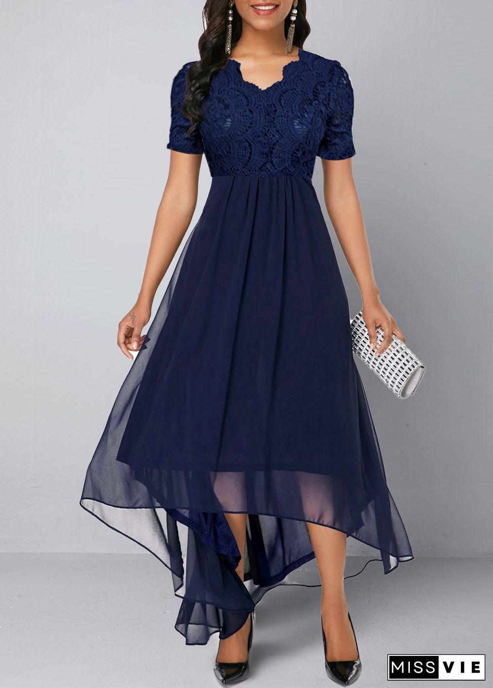 Chiffon Lace Stitching Asymmetric Hem Navy Blue Dress