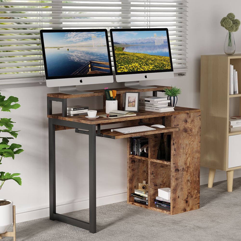 Industrial Computer Desk with 4-Cube Shelves & Push-Pull Keyboard Tray