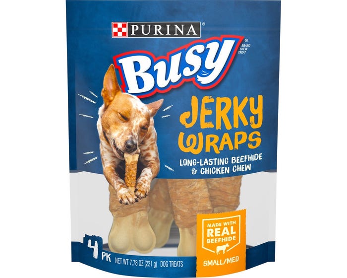 Purina Busy Jerky Wraps Small/Medium Breed Jerky Rawhide Treats， 4 ct. Pouch