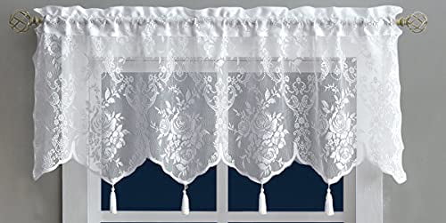 WARM HOME DESIGNS White Color 54” (W) x 22” (L) Semi Sheer Lace Kitchen Valance with 4 Tassels. Café Tiers Also Look Great in Dining or Living Rooms.