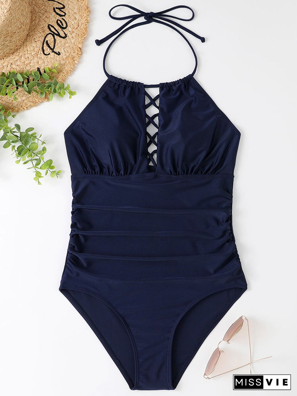 Cross Strap Lace-up Stitching One Piece Swimwear