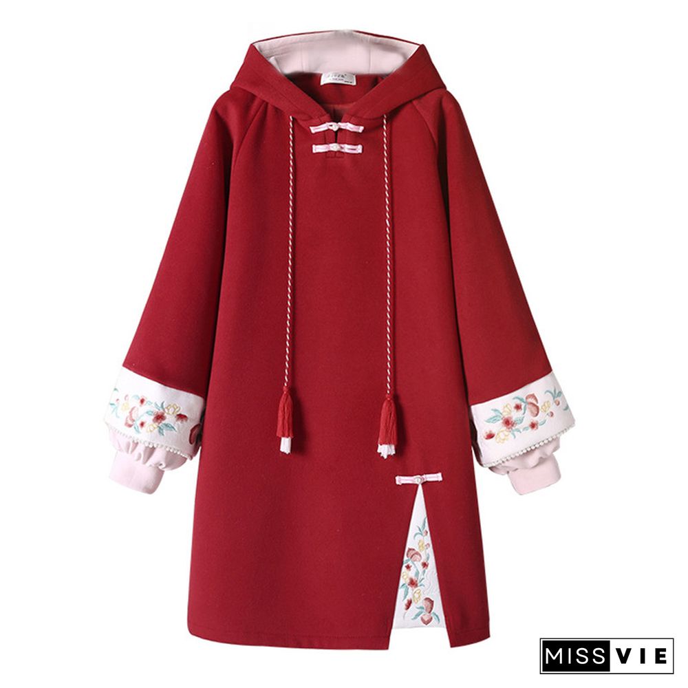 Vintage Crane Embroidery Plush Hooded Sweatshirt Dress