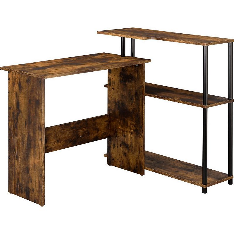 Writing Desk with L Shaped Design and Rough Hewn Saw Texture， Brown