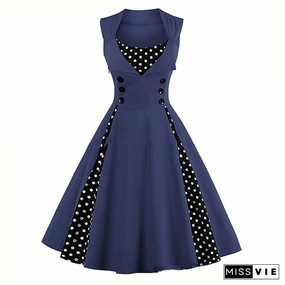 Fashion Woman Robe Pin Up Dress Retro Vintage Dot Swing Summer Female Sleeveless Party Dresses