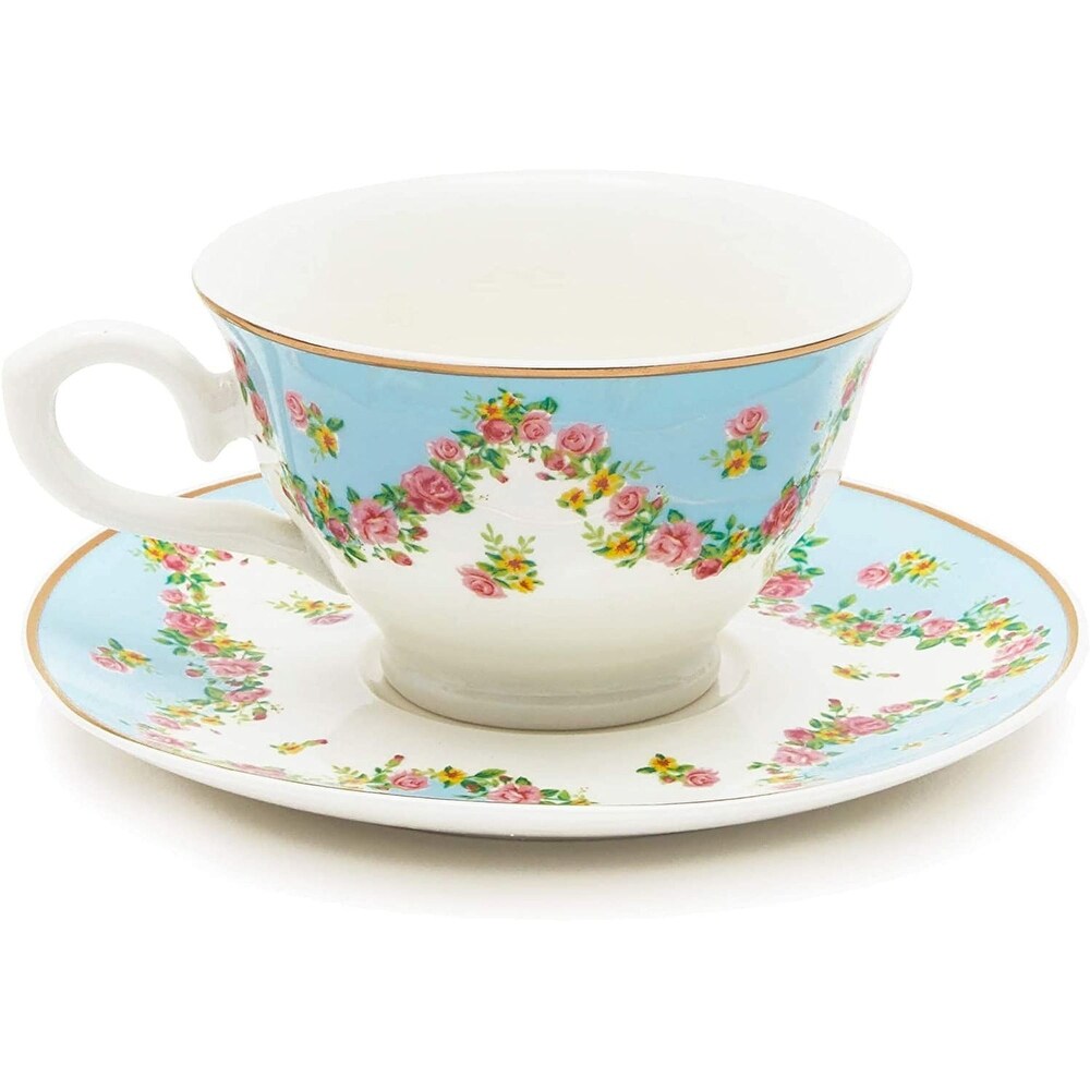 Floral Vintage 8oz Tea Cups and Saucer Set of 12 Party Supplies Blue Pink Teacup