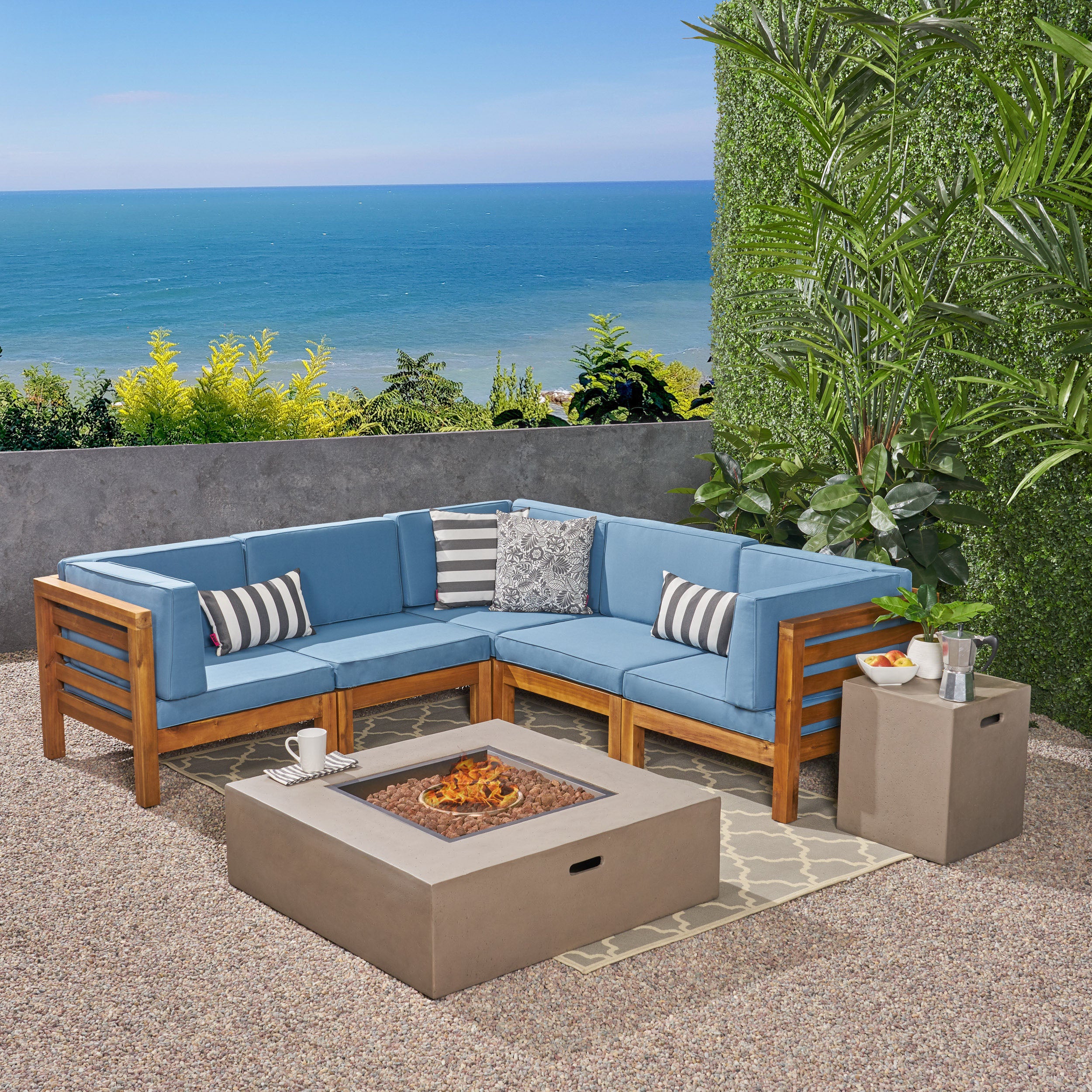 Ravello Outdoor V-Shaped Sectional Sofa Set with Fire Pit