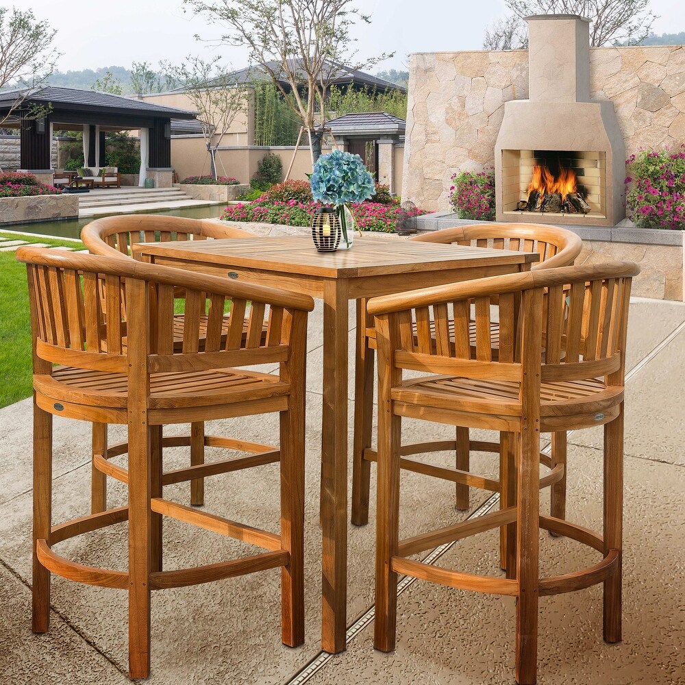 Chic Teak 5 Piece Teak Wood Peanut Patio Bistro Bar Set with 4 Bar Chairs and 35\