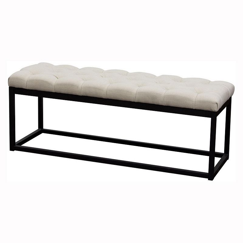 Linen Upholstered Metal Contemporary Bench with Diamond Tuft Details， Beige and Black