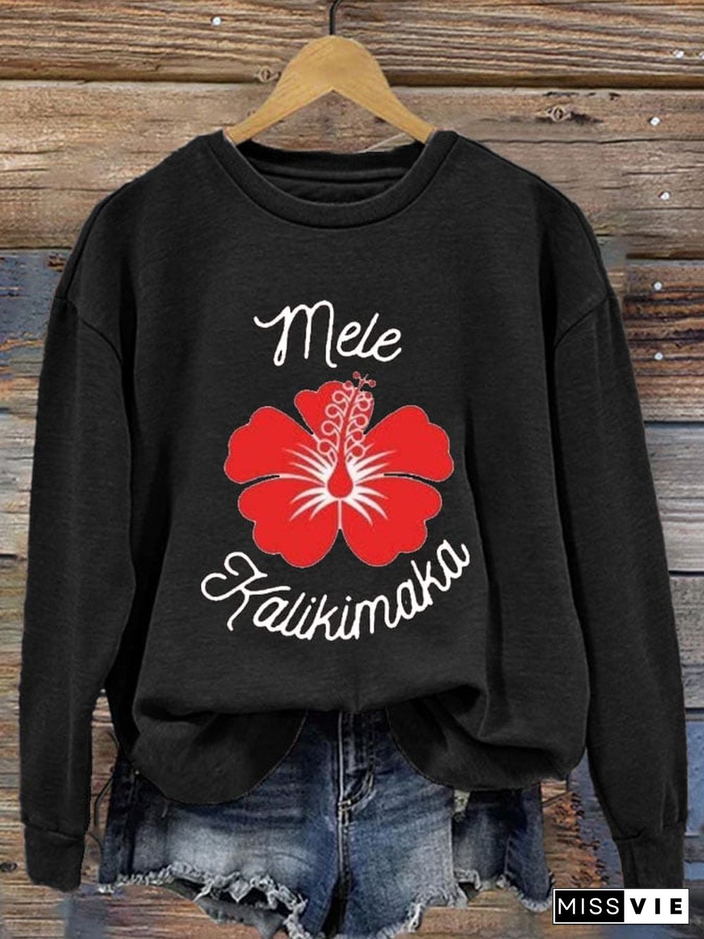 Women's Mele Kalikimaka Hawaiian Christmas Print Casual Long Sleeve Sweatshirt