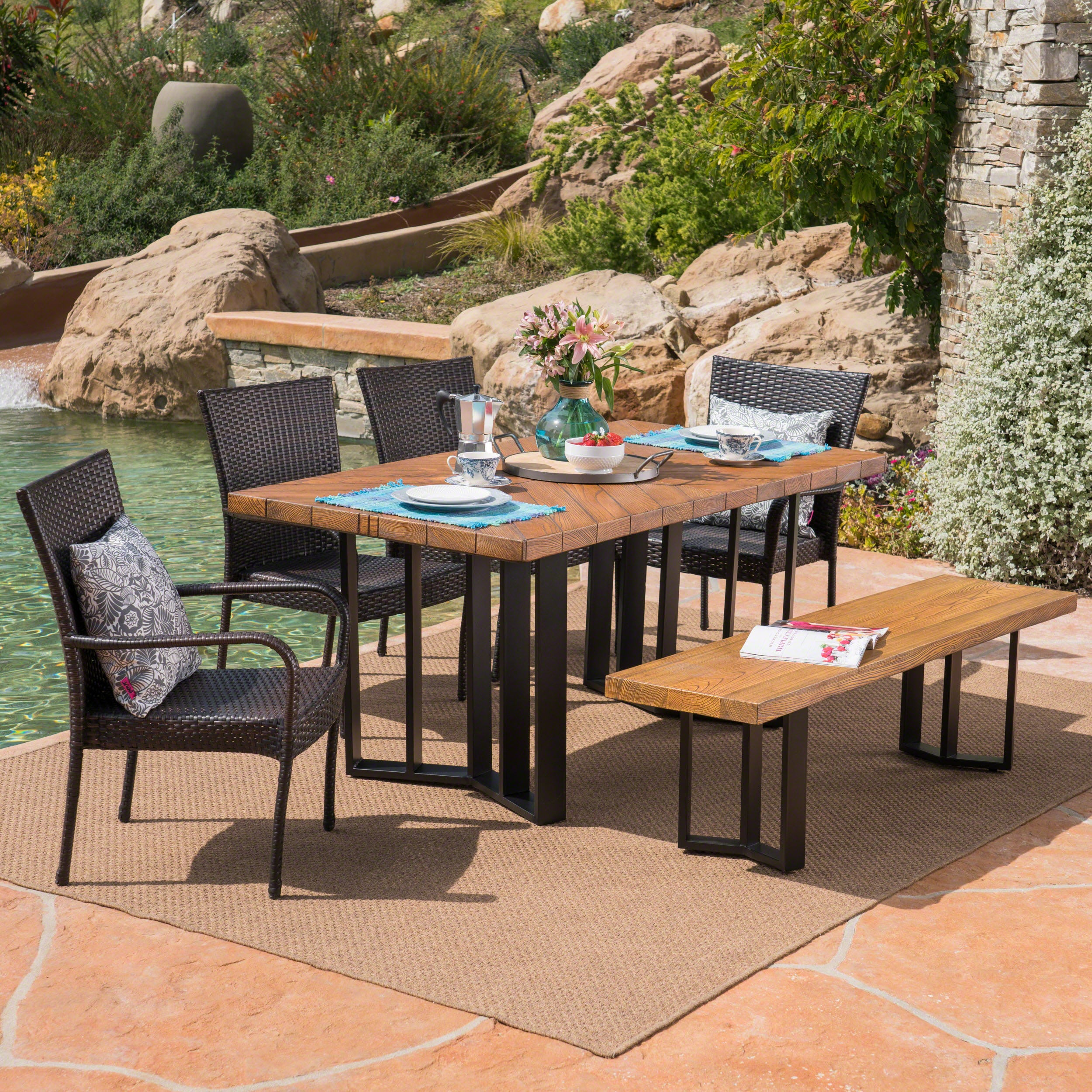 Fiona Outdoor 6 Piece Wicker Dining Set with Concrete Dining Table and Bench