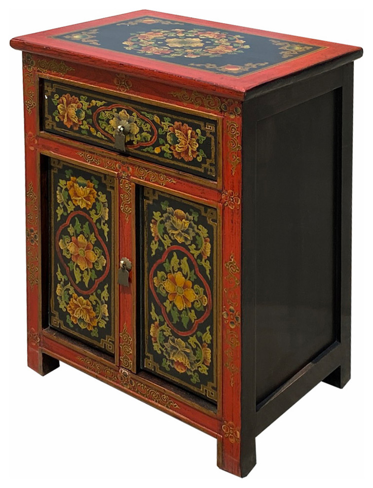 Tibetan Oriental Black Orange Red Floral End Table Nightstand Hcs6949   Asian   Side Tables And End Tables   by Golden Lotus Antiques  Houzz