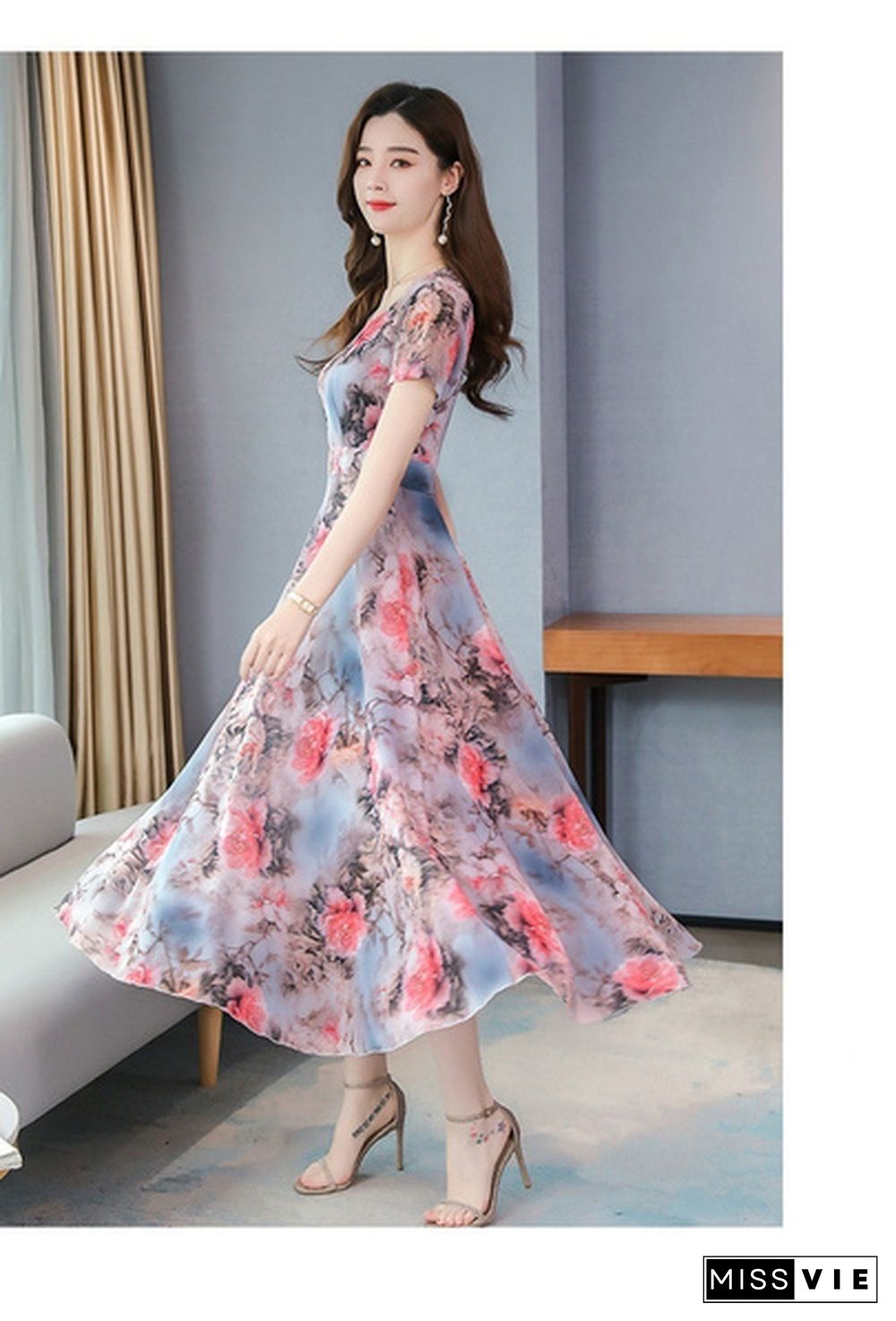 Ice Silk Long Skirt Summer Temperament Flower Long Skirt Retro Elegant Dress